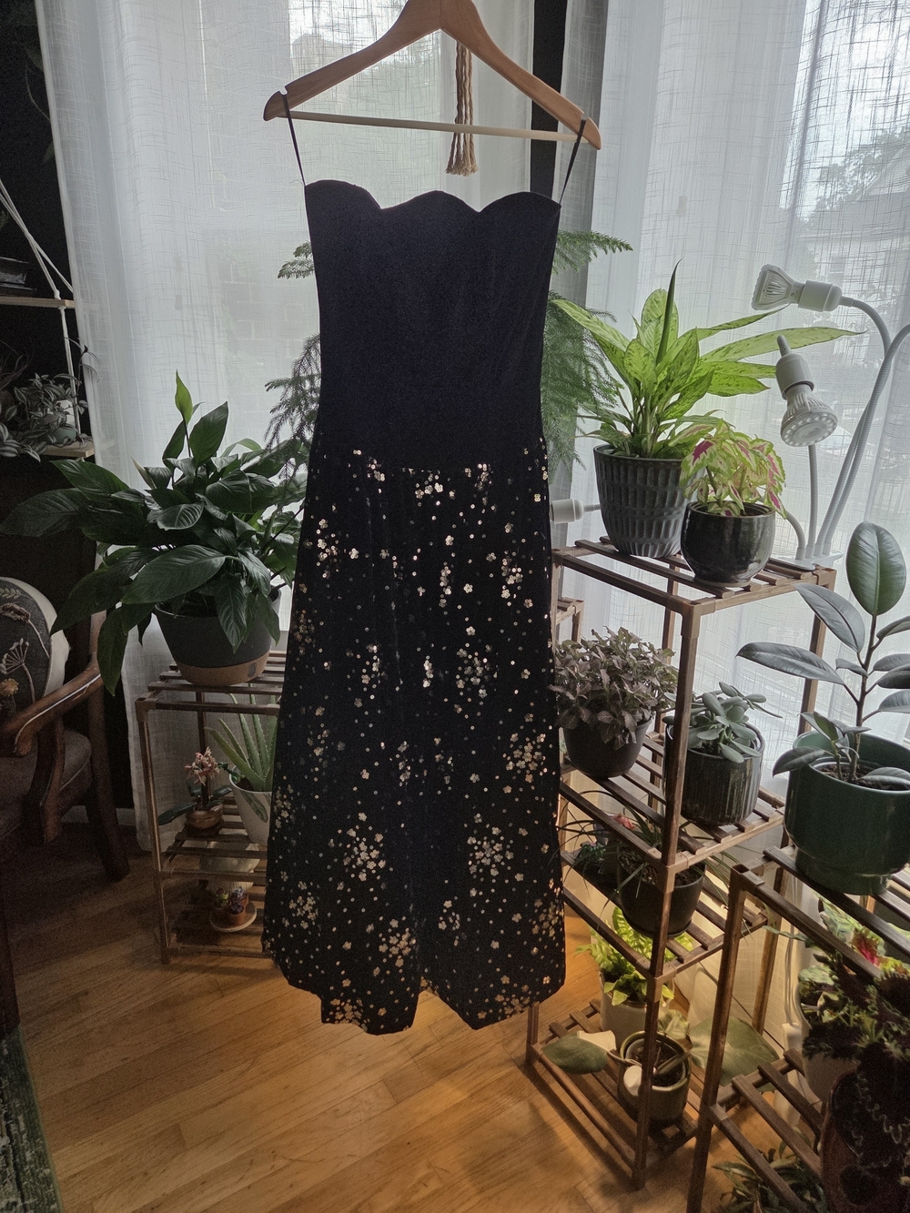 Jessica McClintock Vintage 90s Black Strapless Velvet Sequin Gown